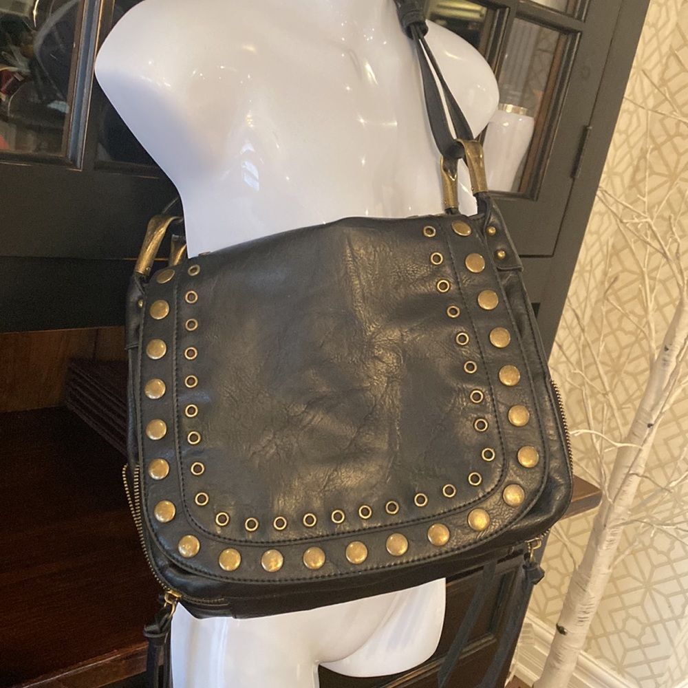 Steve Madden black leather gold studded shoulder bag.